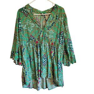Rachel Zoe Tunic Top Large Green Floral Boho Hippie Oversized Blouse Bohemian
